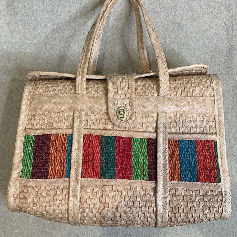 Vintage Handwoven Mexican Straw Tote Bag with Colorful Stripes
